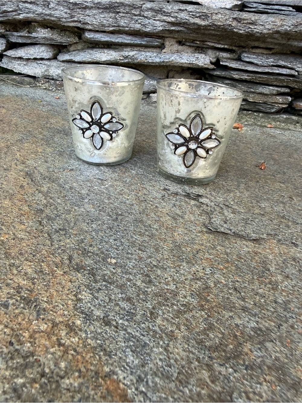 Decorative Silver Jewel Accent Tealight Holders - Set of 2